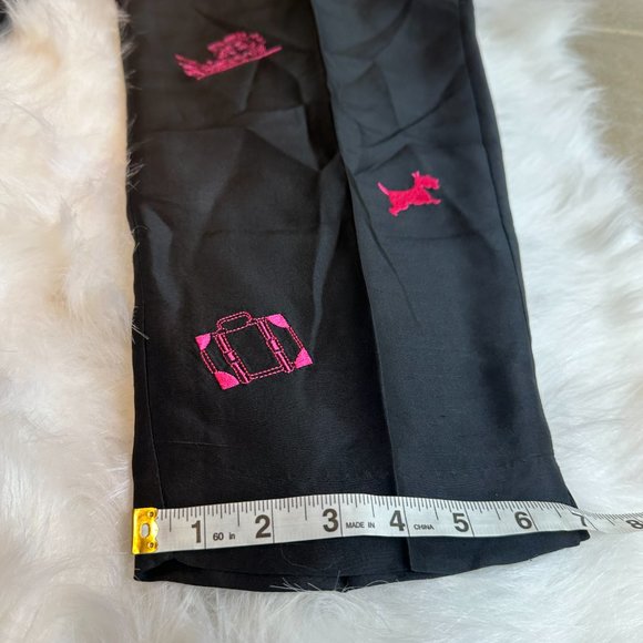 Silk Pants Ankle Side Zip Retro Novelty Print Dogs Travel Pink Embroidered Sz 16 - Picture 10 of 16